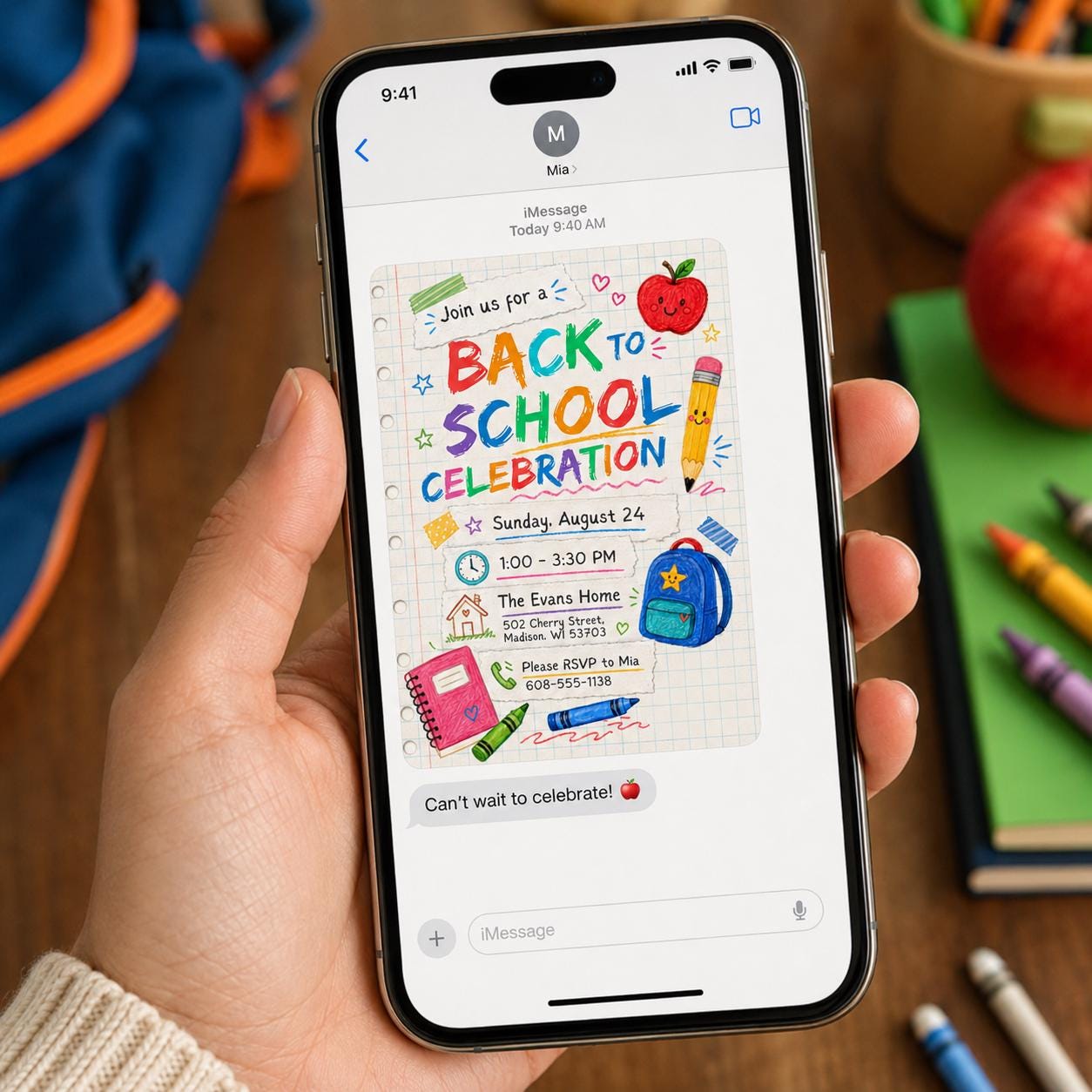 Back to School Party Invitation, Colorful School Supplies Celebration Invite, Editable Printable Canva Template - Image 3