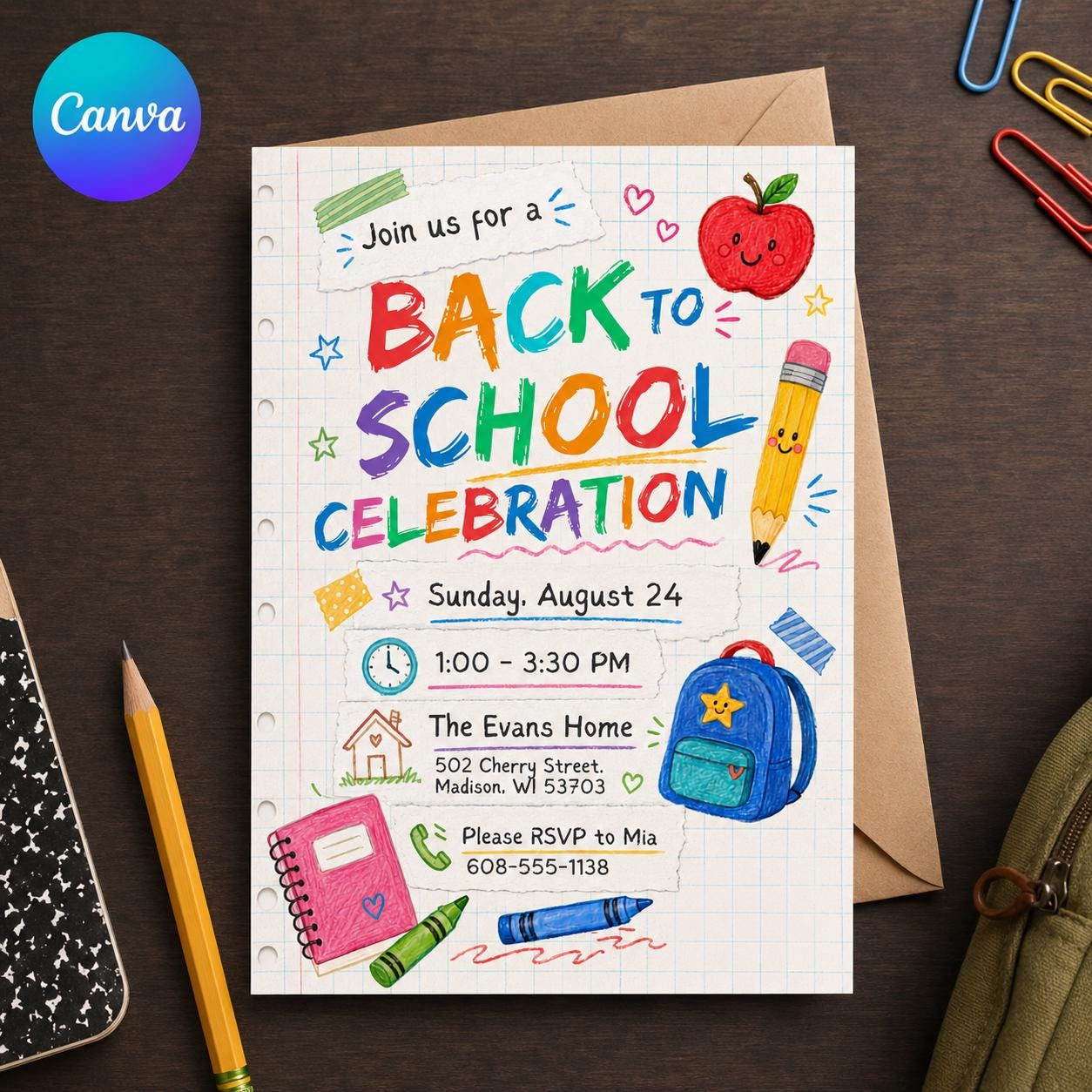 Back to School Party Invitation, Colorful School Supplies Celebration Invite, Editable Printable Canva Template