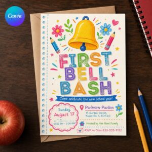First Bell Bash Invitation, Back to School Party, Colorful Classroom Celebration Flyer, Editable Canva Template