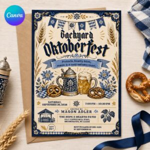 Oktoberfest Party Invitation, Bavarian Beer and Pretzel Festival, Vintage German Biergarten Invite, Editable Canva Template