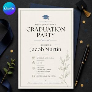 Minimalist Graduation Party Invitation, Elegant Class of 2026 Graduate Invite, Modern Blue Green Printable Canva Template