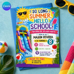 Water Slide Birthday Invitation, 8th Birthday Splash Party, End of Summer Back to School Bash, Editable Canva Template