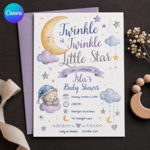Twinkle Twinkle Little Star Baby Shower Invitation, Moon Stars Teddy Bear, Blue Boy Shower Invite, Editable Canva Template