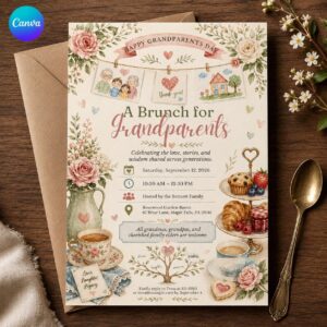 Grandparents Day Invitation, Floral Brunch for Grandparents, Vintage Tea Party Family Gathering, Editable Canva Template