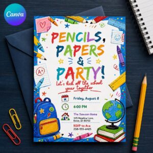 Back to School Party Invitation, Pencils Papers and Party, Colorful Classroom Bash, Editable Printable Canva Template