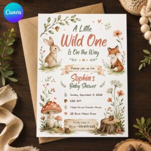 Woodland Baby Shower Invitation, A Little Wild One, Bunny Fox Forest Animals, Gender Neutral Editable Canva Template