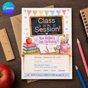School Birthday Party Invitation, Class Is in Session 6th Birthday, Colorful Classroom Theme, Editable Canva Template