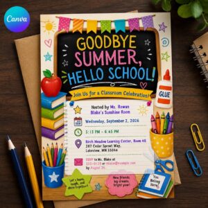 Back to School Classroom Party Invitation, Goodbye Summer Hello School, Teacher Welcome Celebration, Editable Canva Template