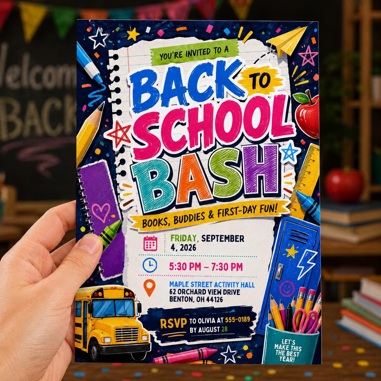 Back to School Party Invitation, Colorful School Bus Bash, First Day Classroom Celebration, Editable Printable Canva Template - Image 5