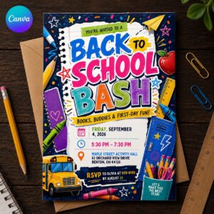 Back to School Party Invitation, Colorful School Bus Bash, First Day Classroom Celebration, Editable Printable Canva Template