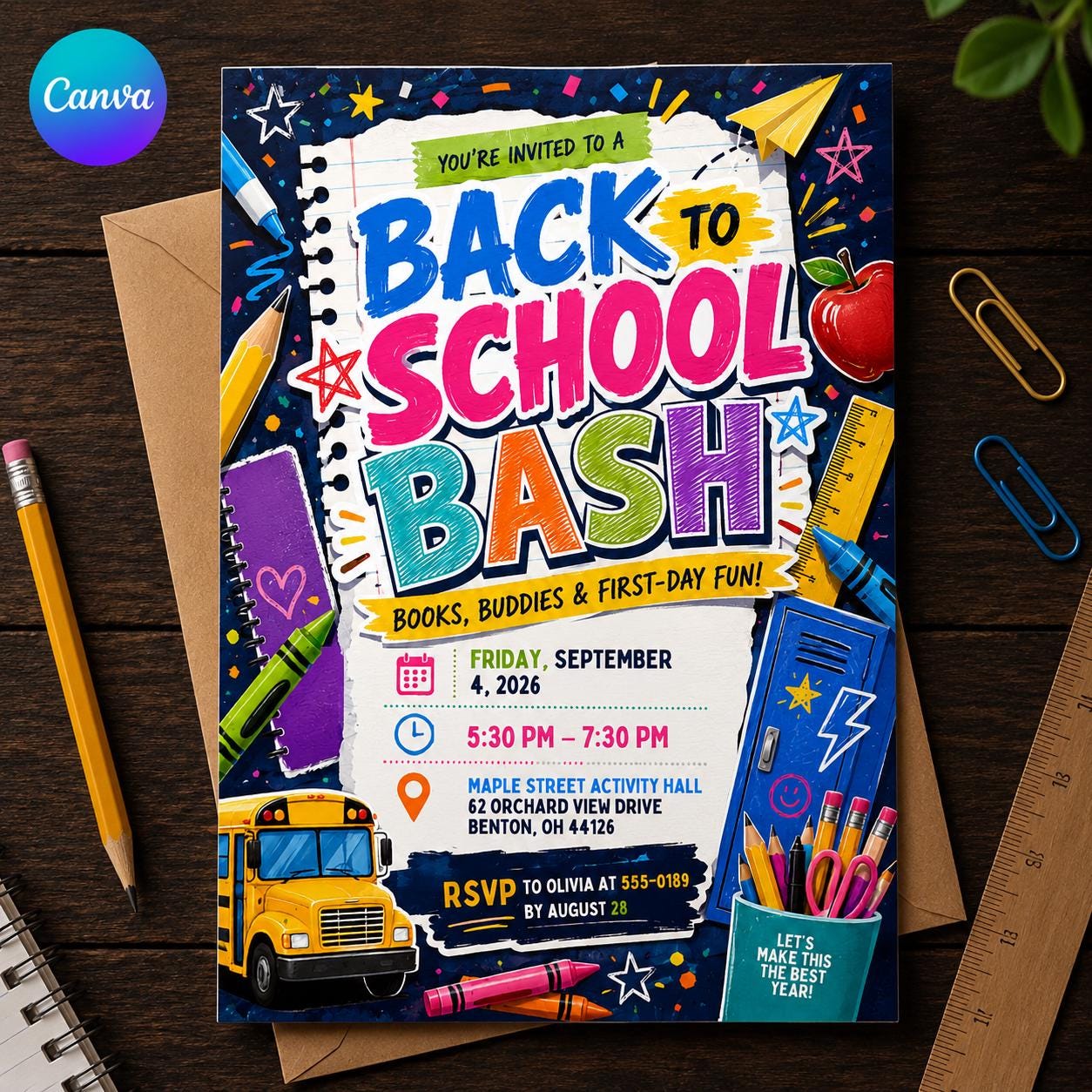Back to School Party Invitation, Colorful School Bus Bash, First Day Classroom Celebration, Editable Printable Canva Template