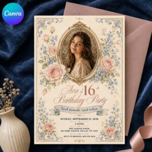 Sweet 16 Photo Invitation, Vintage Floral Birthday Invite for Teen Girl, Blush Blue Elegant Editable Canva Template