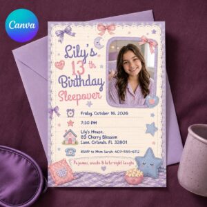 13th Birthday Sleepover Invitation, Pastel Pajama Slumber Party Invite for Girls, Cute Editable Canva Template