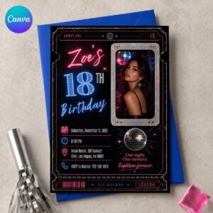 18th Birthday VIP Ticket Invitation, Neon Disco Party Photo Invite for Her, Black Pink Editable Canva Template