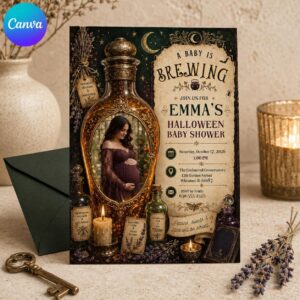 Halloween Baby Shower Invitation, A Baby Is Brewing Witchy Potion Invite, Gothic Fall Editable Canva Template