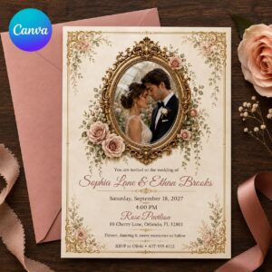 Vintage Wedding Invitation, Gold Frame Floral Photo Invite, Romantic Elegant Editable Canva Template