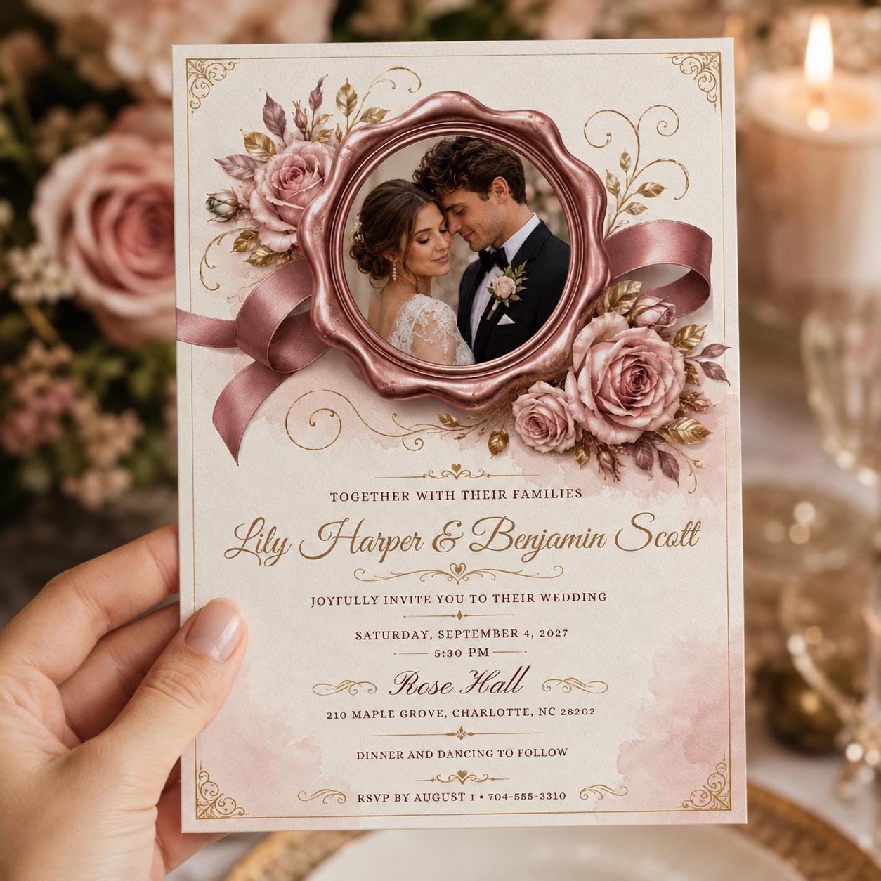 Vintage Wedding Invitation, Blush Rose Gold Photo Invite, Romantic Floral Ribbon Editable Canva Template - Image 6