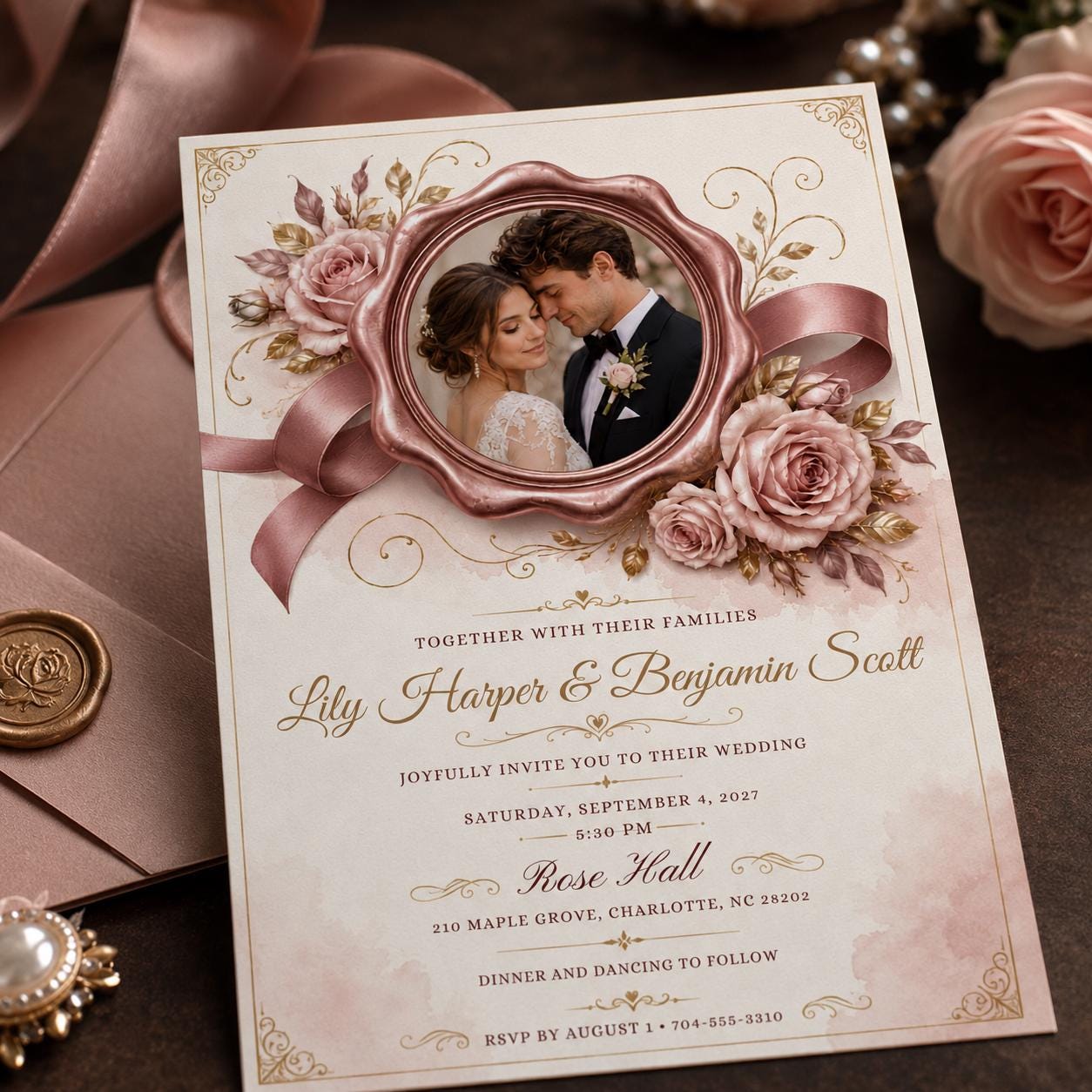 Vintage Wedding Invitation, Blush Rose Gold Photo Invite, Romantic Floral Ribbon Editable Canva Template - Image 4