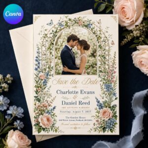 Save the Date Photo Card, Floral Garden Wedding Announcement, Elegant Blue Blush Editable Canva Template