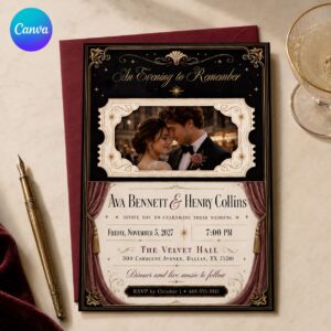 Art Deco Wedding Invitation, Black Gold Photo Invite, Vintage Old Hollywood Glamour Editable Canva Template
