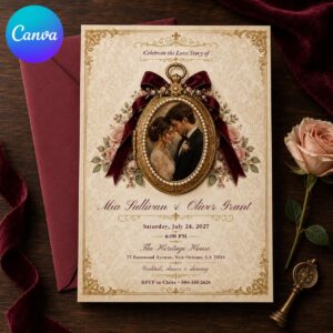 Vintage Wedding Invitation, Burgundy Velvet Bow Photo Invite, Romantic Victorian Floral Editable Canva Template