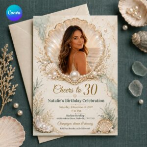 30th Birthday Invitation, Coastal Seashell Pearl Photo Invite, Elegant Beach Party Editable Printable Canva Template