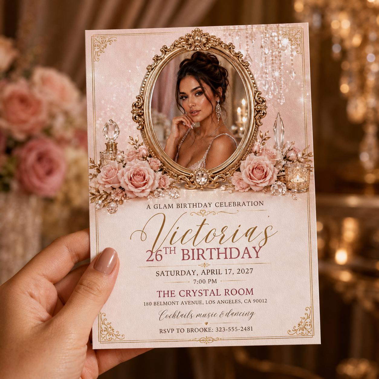 26th Birthday Invitation, Pink Gold Glam Photo Invite, Elegant Floral Party Editable Printable Canva Template - Image 3