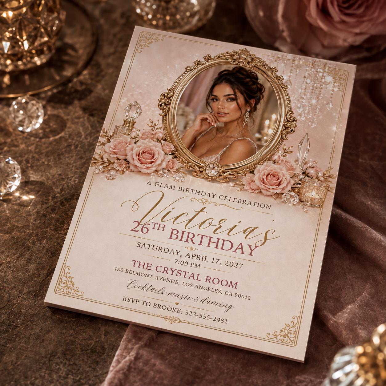 26th Birthday Invitation, Pink Gold Glam Photo Invite, Elegant Floral Party Editable Printable Canva Template - Image 5