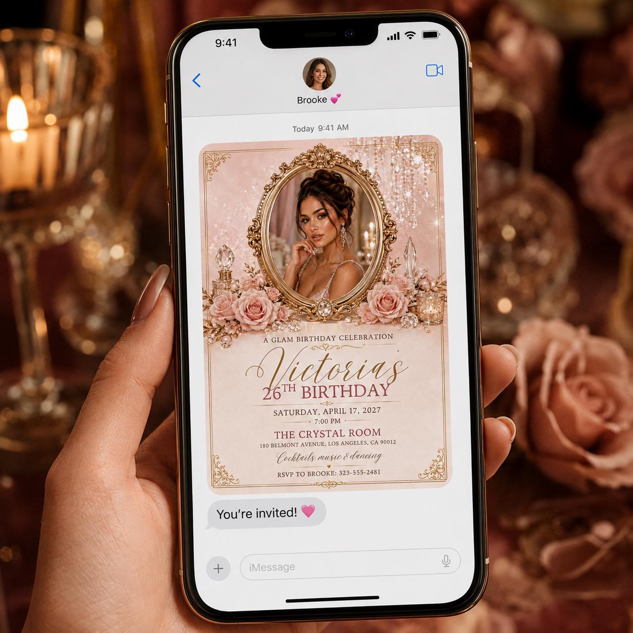 26th Birthday Invitation, Pink Gold Glam Photo Invite, Elegant Floral Party Editable Printable Canva Template - Image 6