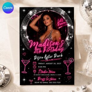27th Birthday Invitation, Disco Ball Photo Invite, Pink Neon After Dark Party Editable Printable Canva Template
