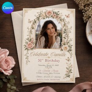 31st Birthday Invitation, Floral Photo Invite, Elegant Blush Garden Party Editable Printable Canva Template