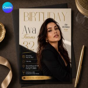Birthday Magazine Invitation, 32nd Birthday Photo Invite, Editorial Cover Party Editable Printable Canva Template