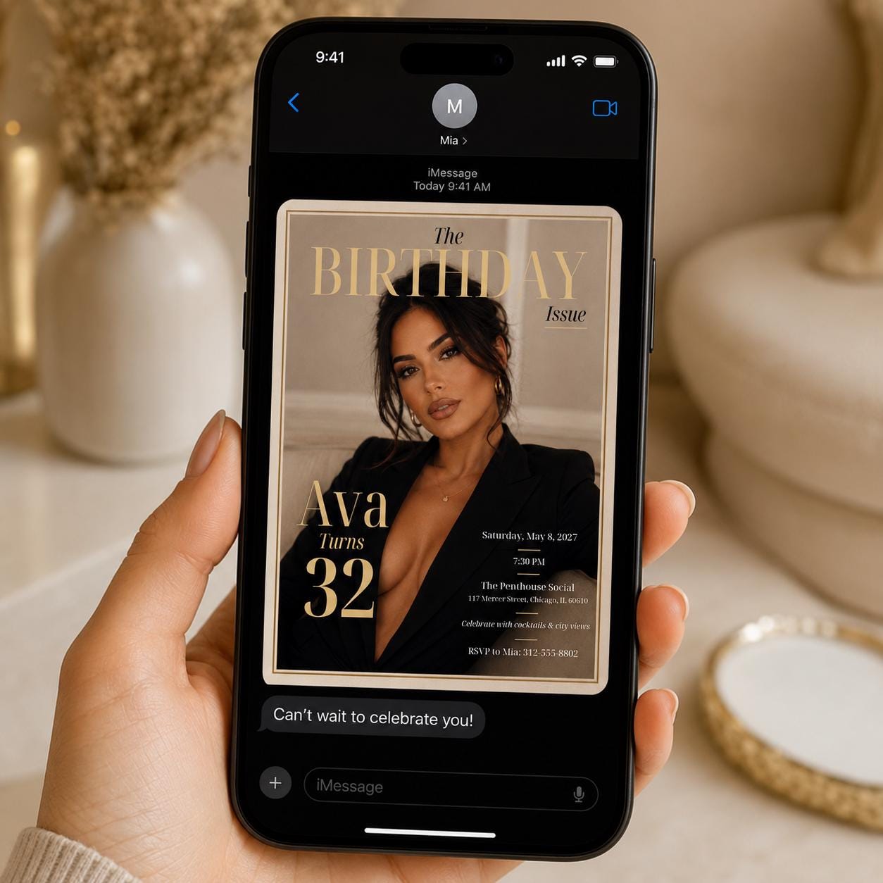 32nd Birthday Invitation, Magazine Cover Photo Invite, Chic Editorial Black Gold Party Editable Canva Template - Image 6