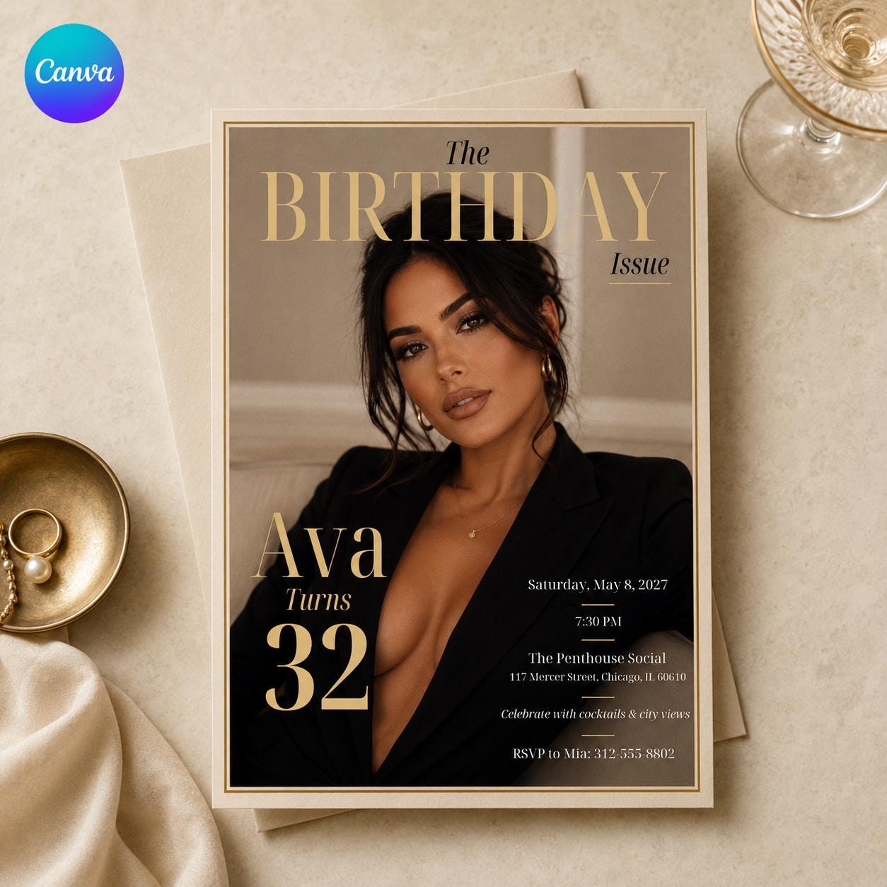 32nd Birthday Invitation, Magazine Cover Photo Invite, Chic Editorial Black Gold Party Editable Canva Template