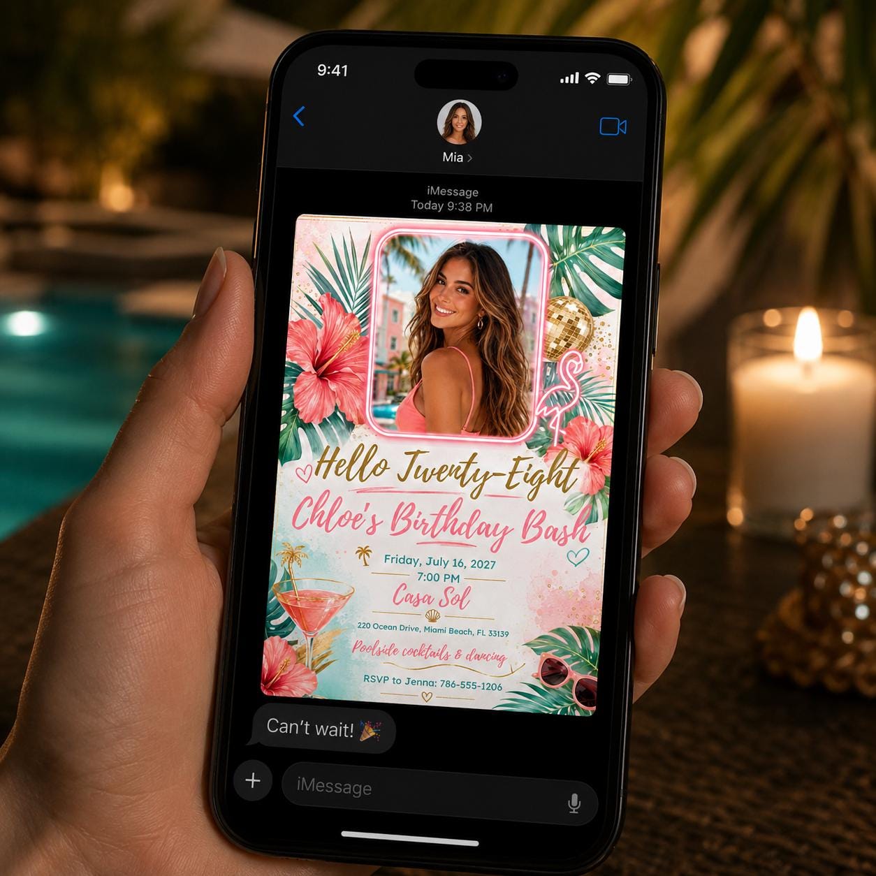 28th Birthday Invitation, Tropical Flamingo Photo Invite, Pink Hibiscus Pool Party Editable Canva Template - Image 5