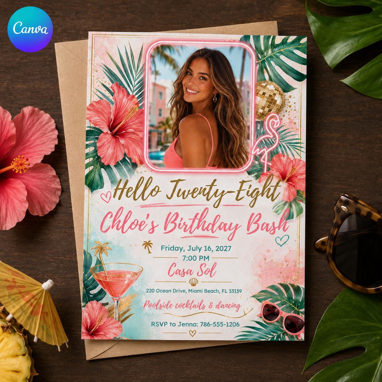 28th Birthday Invitation, Tropical Flamingo Photo Invite, Pink Hibiscus Pool Party Editable Canva Template