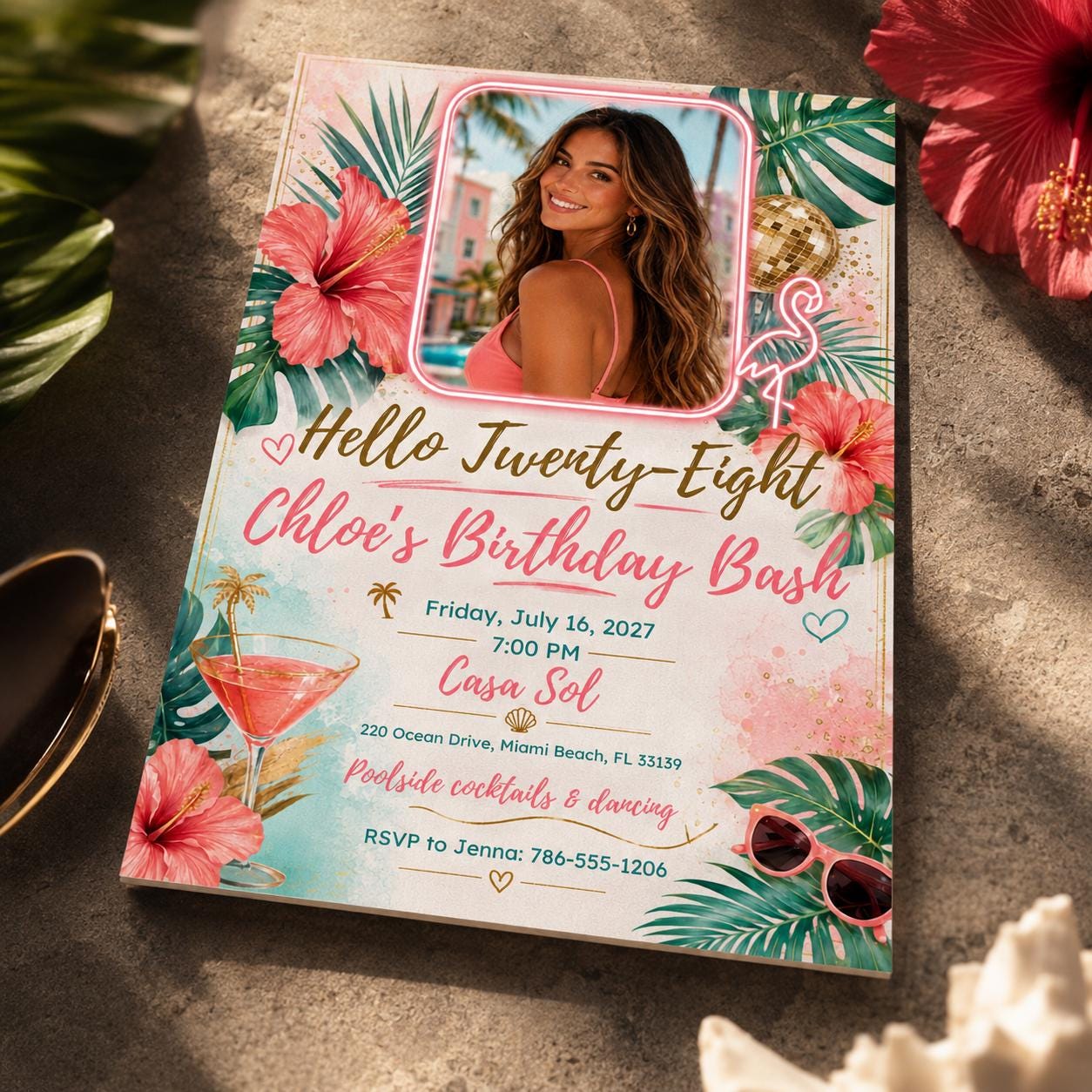 28th Birthday Invitation, Tropical Flamingo Photo Invite, Pink Hibiscus Pool Party Editable Canva Template - Image 4