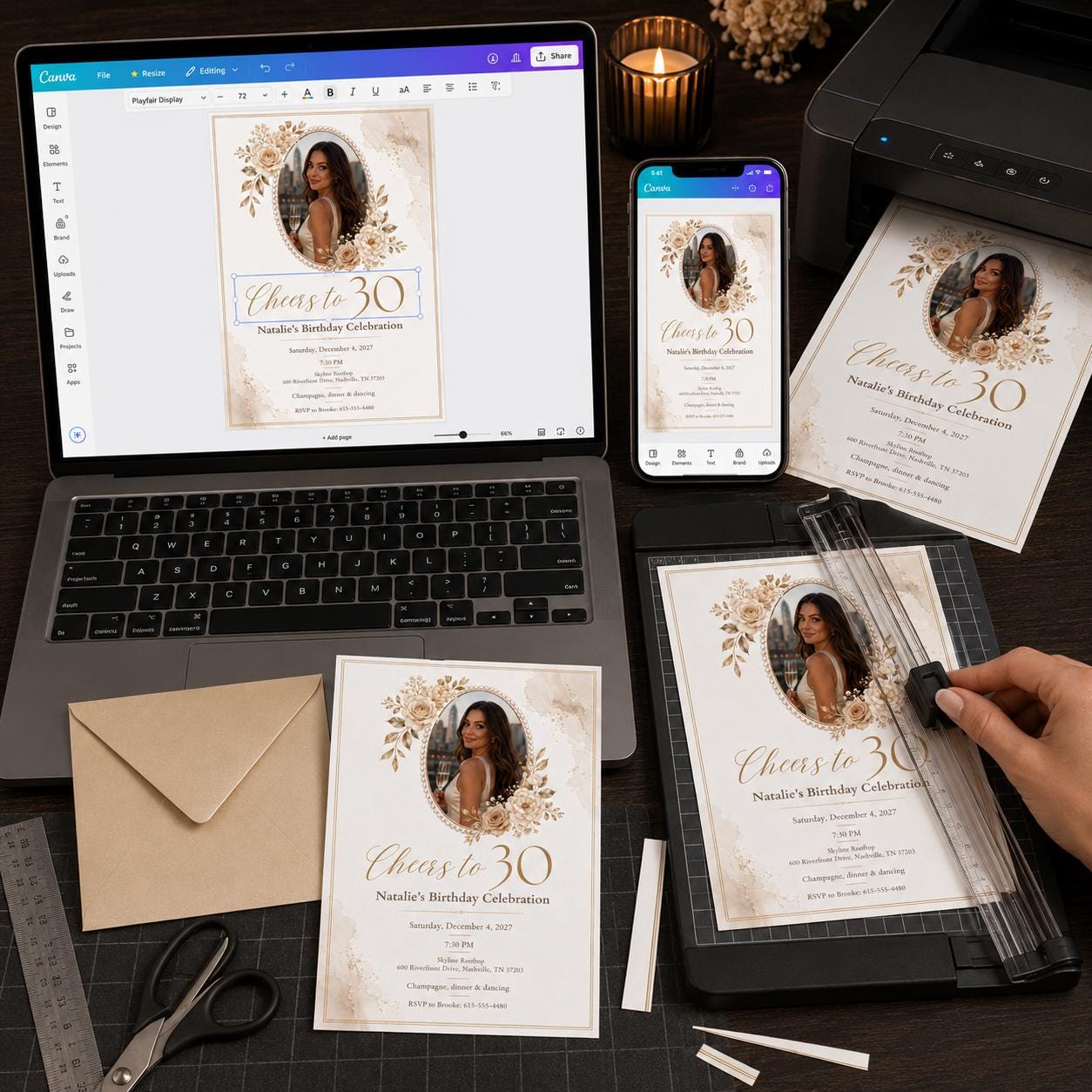 30th Birthday Invitation, Elegant Champagne Photo Invite, White Gold Floral Adult Party Editable Canva Template - Image 3