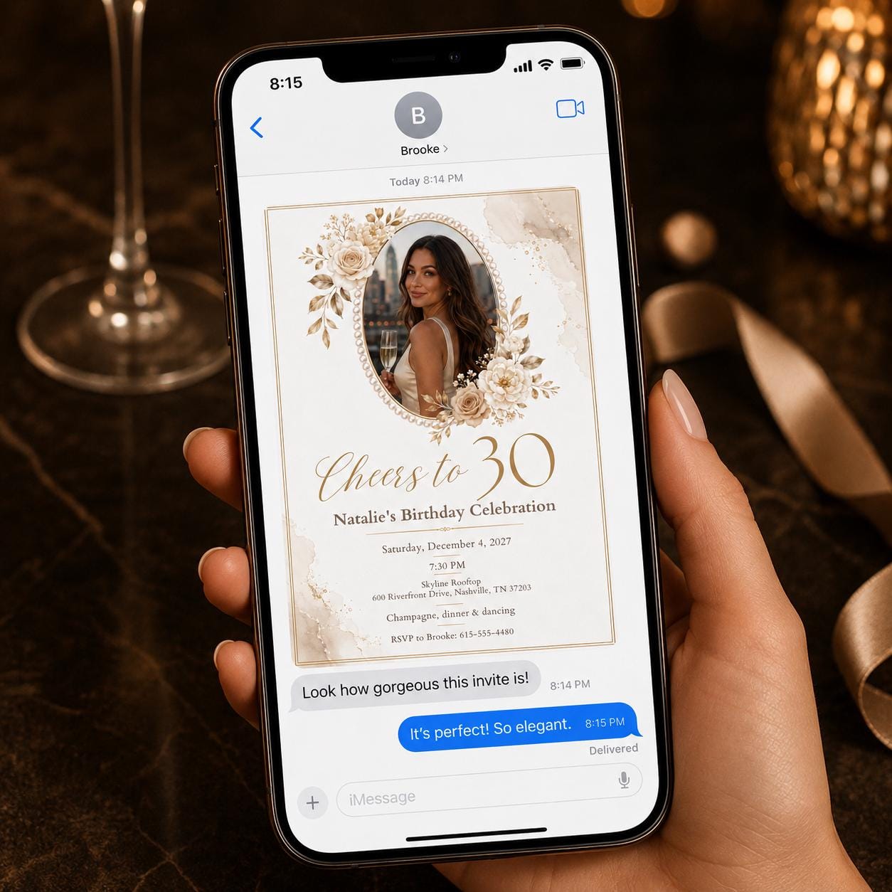 30th Birthday Invitation, Elegant Champagne Photo Invite, White Gold Floral Adult Party Editable Canva Template - Image 6