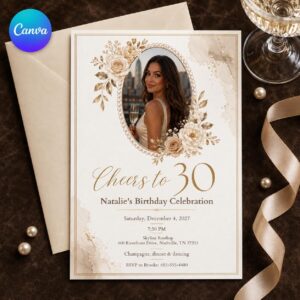 30th Birthday Invitation, Elegant Champagne Photo Invite, White Gold Floral Adult Party Editable Canva Template