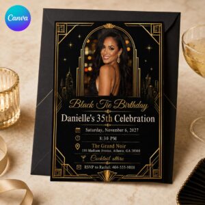 35th Birthday Invitation, Black Tie Art Deco Photo Invite, Elegant Black Gold Party Editable Canva Template