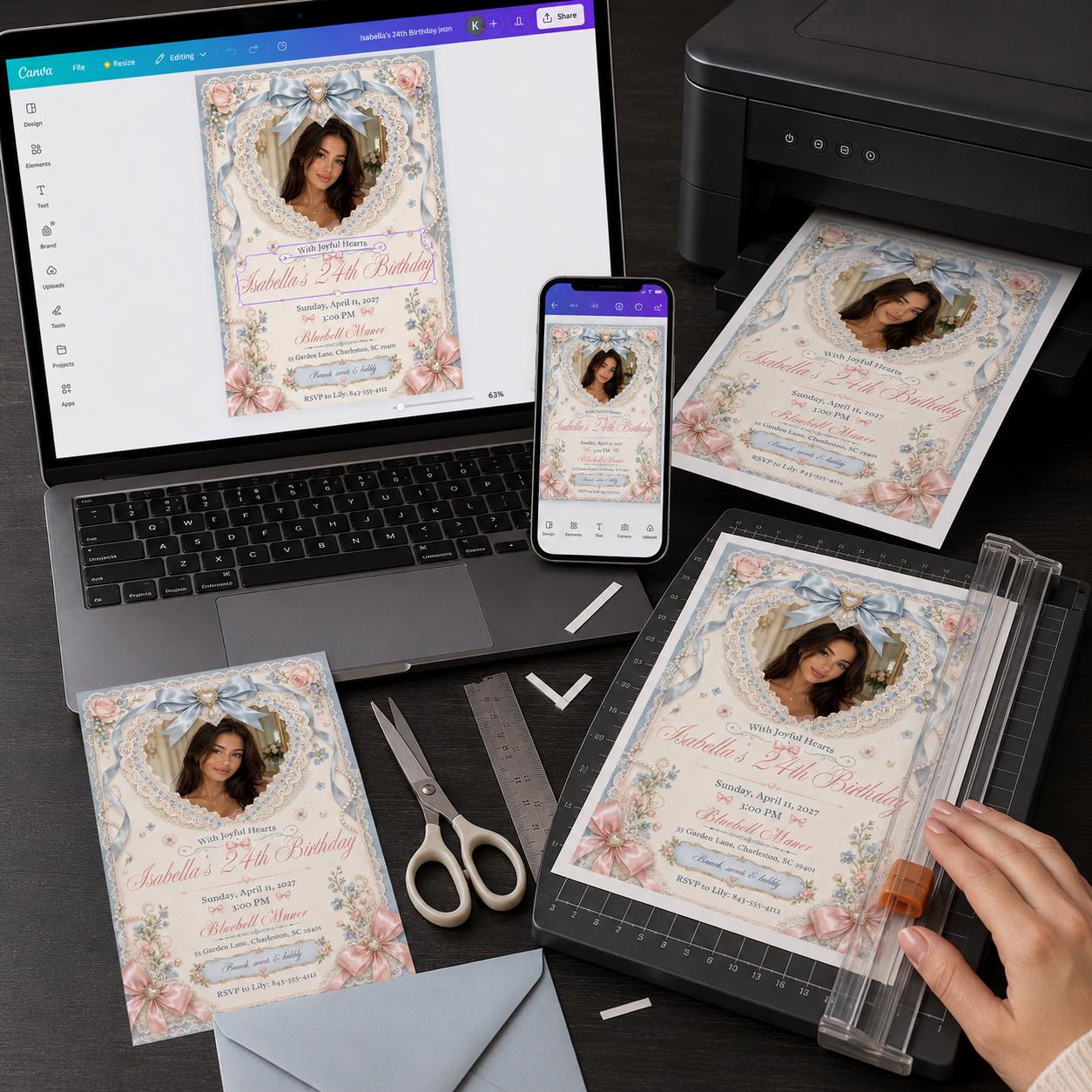 24th Birthday Invitation, Coquette Bow Lace Photo Invite, Pink Blue Elegant Party Editable Canva Template - Image 3