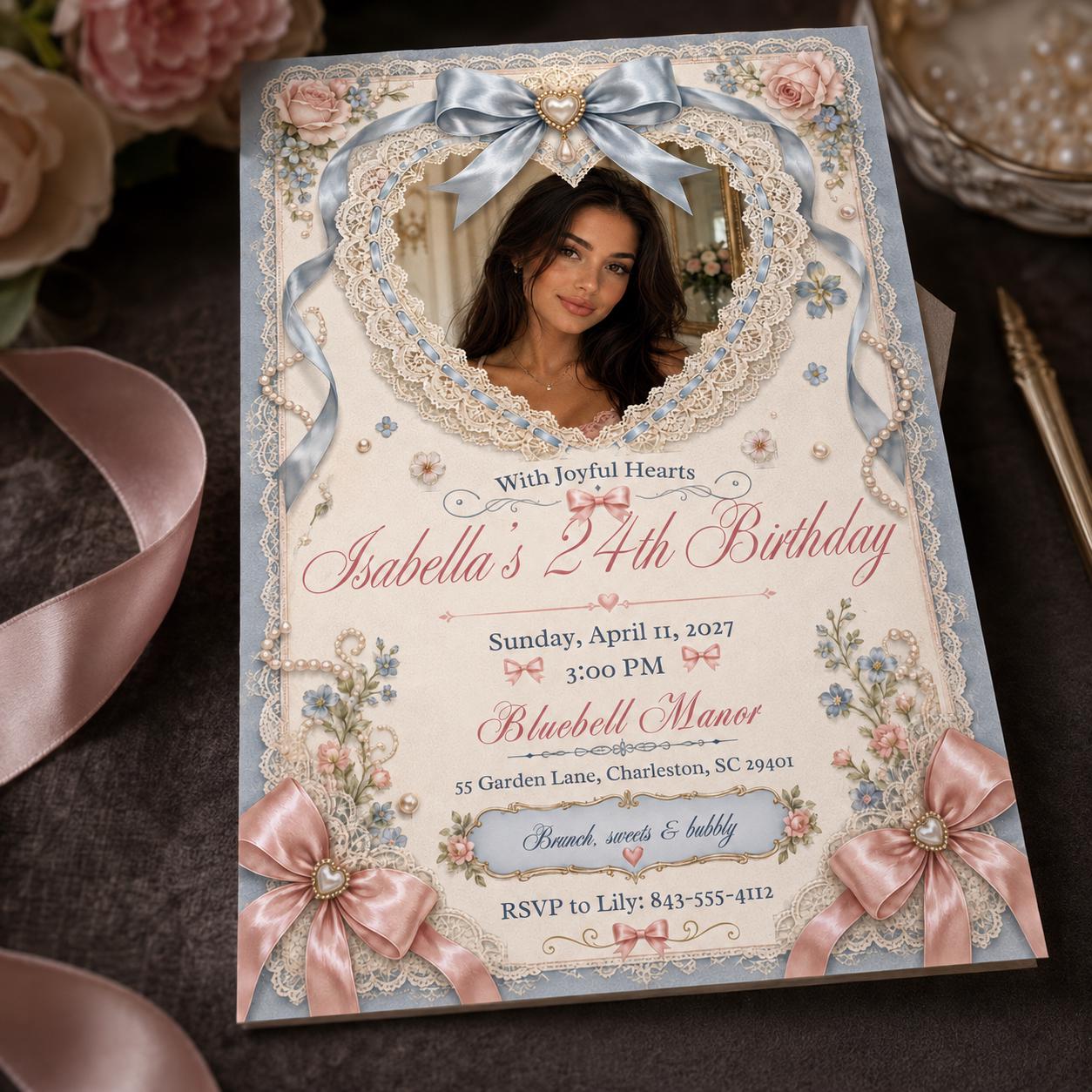 24th Birthday Invitation, Coquette Bow Lace Photo Invite, Pink Blue Elegant Party Editable Canva Template - Image 4