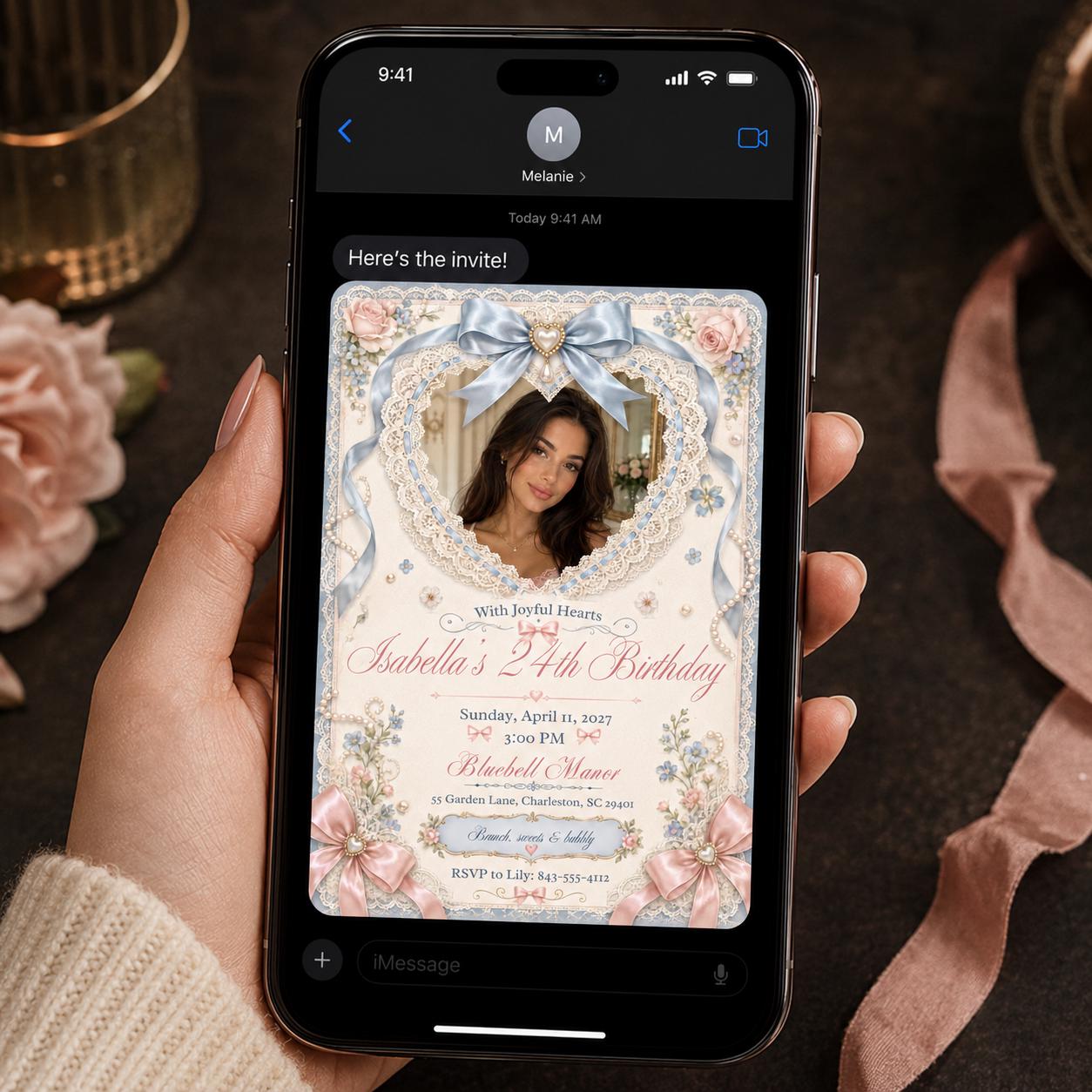 24th Birthday Invitation, Coquette Bow Lace Photo Invite, Pink Blue Elegant Party Editable Canva Template - Image 5
