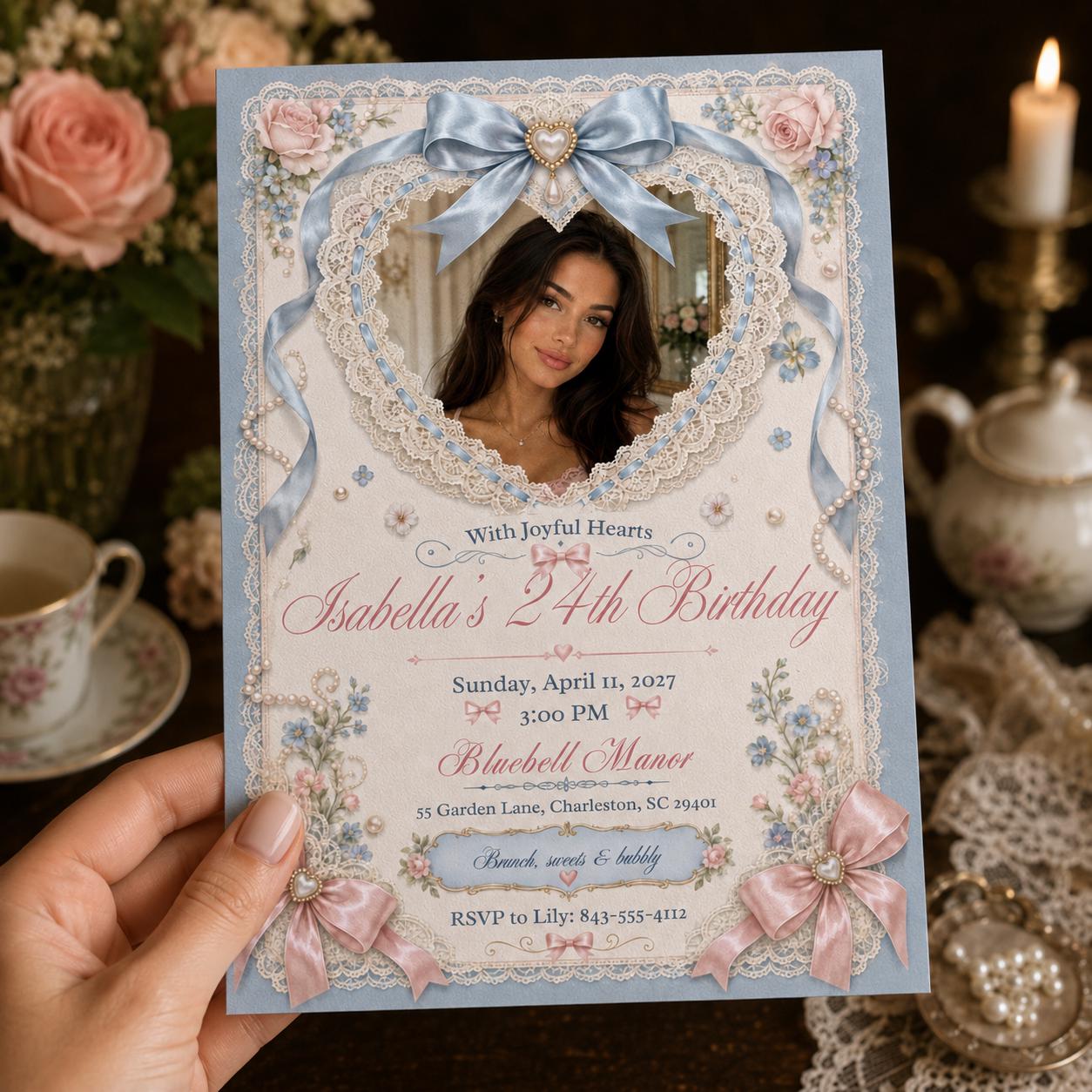 24th Birthday Invitation, Coquette Bow Lace Photo Invite, Pink Blue Elegant Party Editable Canva Template - Image 6
