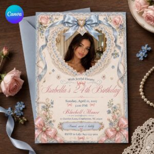 24th Birthday Invitation, Coquette Bow Lace Photo Invite, Pink Blue Elegant Party Editable Canva Template