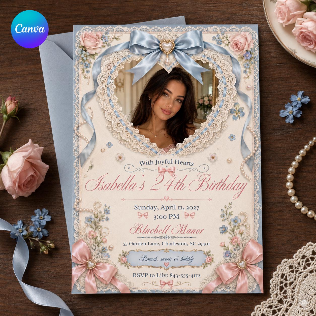 24th Birthday Invitation, Coquette Bow Lace Photo Invite, Pink Blue Elegant Party Editable Canva Template