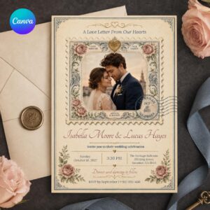 Vintage Postage Wedding Invitation, Romantic Stamp Photo Invite, Antique Floral Editable Canva Template