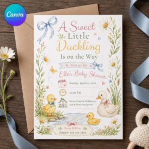 Duckling Baby Shower Invitation, Sweet Little Duckling Floral Girl Shower, Editable Canva Template
