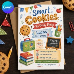 Smart Cookie Birthday Invitation, School Theme 9th Birthday Party, Editable Printable Canva Template